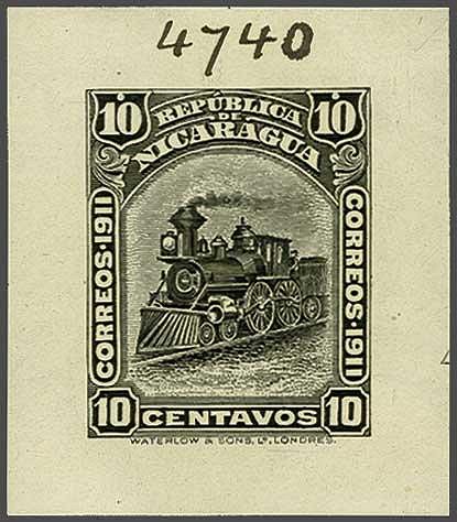 Nicaragua Waterlow 1912 Locomotive stamp Die Proof (in Black) of the 10c value