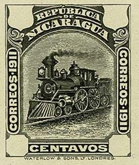 Nicaragua Stamps 1912 silver currency Steam Locomotive Waterlow Undnominated Die Proof in Black
