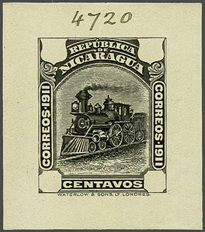 Nicaragua Waterlow 1912 Locomotive stamp Die Proof (in Black) : Undenominated 