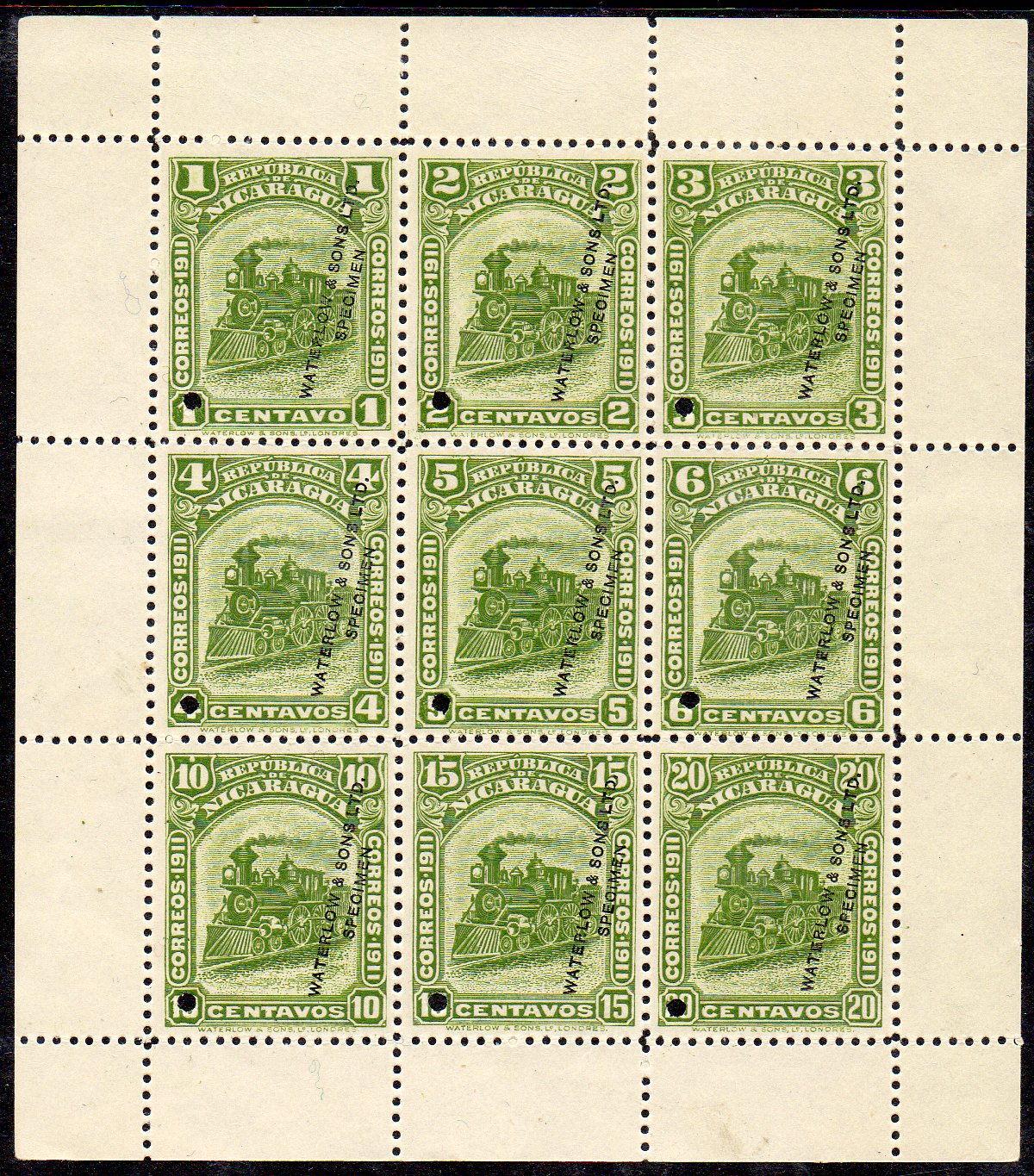 Nicaragua Waterlow Sample Stamps Sheetlet/9 optd Specimen 1c-20c values in Green