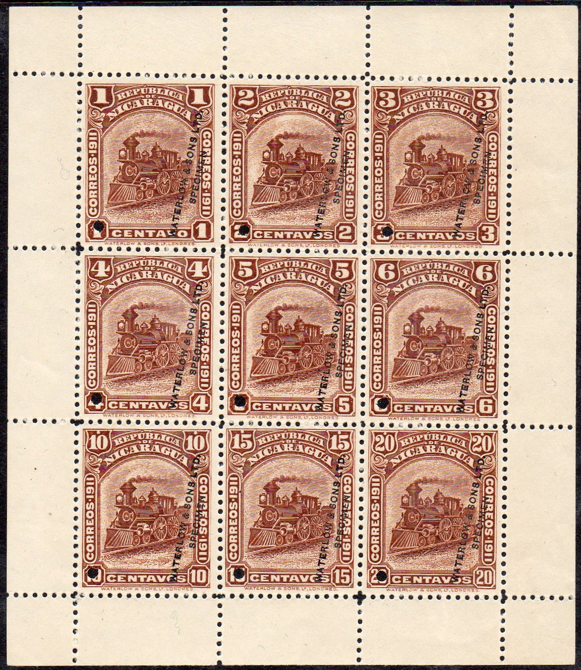 Nicaragua Waterlow Sample Stamps Sheetlet/9 optd Specimen 1c-20c values in Brown