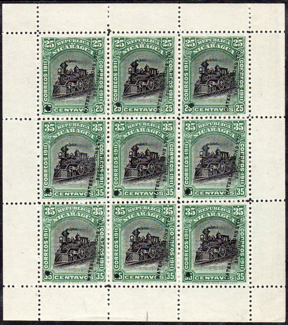 Nicaragua Waterlow Sample Stamps Sheetlet/9 optd Specimen 25c & 35c values in Green & Black