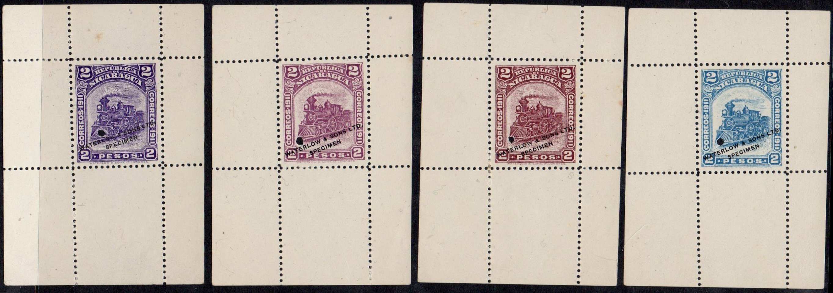 Nicaragua Waterlow 1912 Locomotive Design Sample Stamp Sheetlets of ONE STAMP optd Specimen 