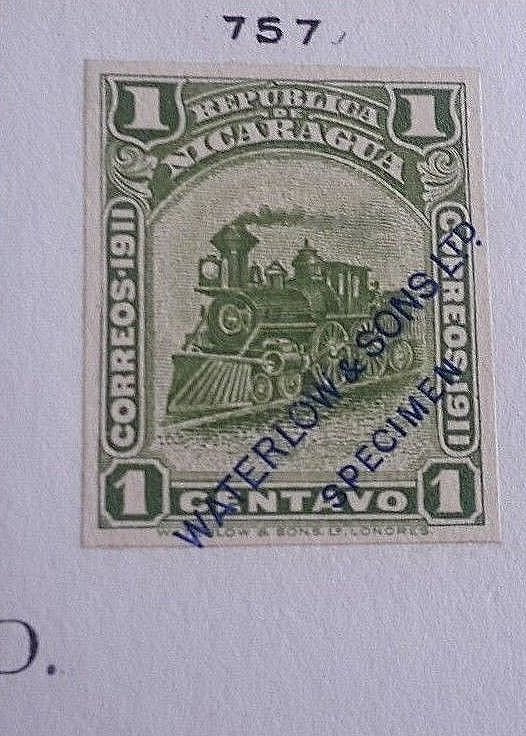 Nicaragua Waterlow 1912 Locomotive stamp 1c design Imperforate Printers' Sample Color Trials Specimen Stamps from Salesmen's books