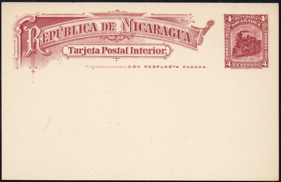 Nicaragua 1912 Postal Stationery card Locomotive 4c+4c
