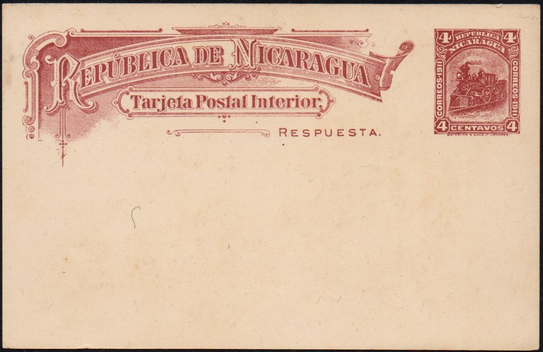 Nicaragua 1912 Postal Stationery card Locomotive 4c Reply half of double card