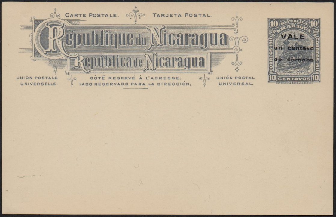 Nicaragua 1912 Postal Stationery card Locomotive 1c/10c