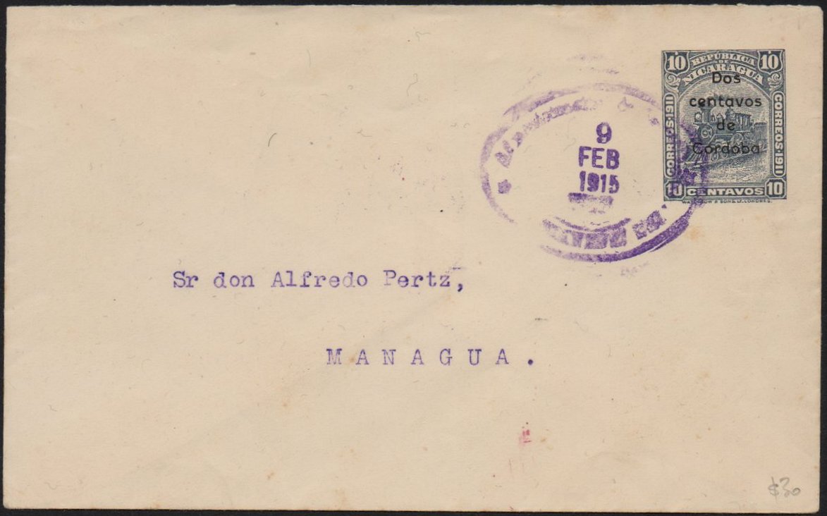 Nicaragua 1912 Postal Stationery envelope Locomotive 2c/10c