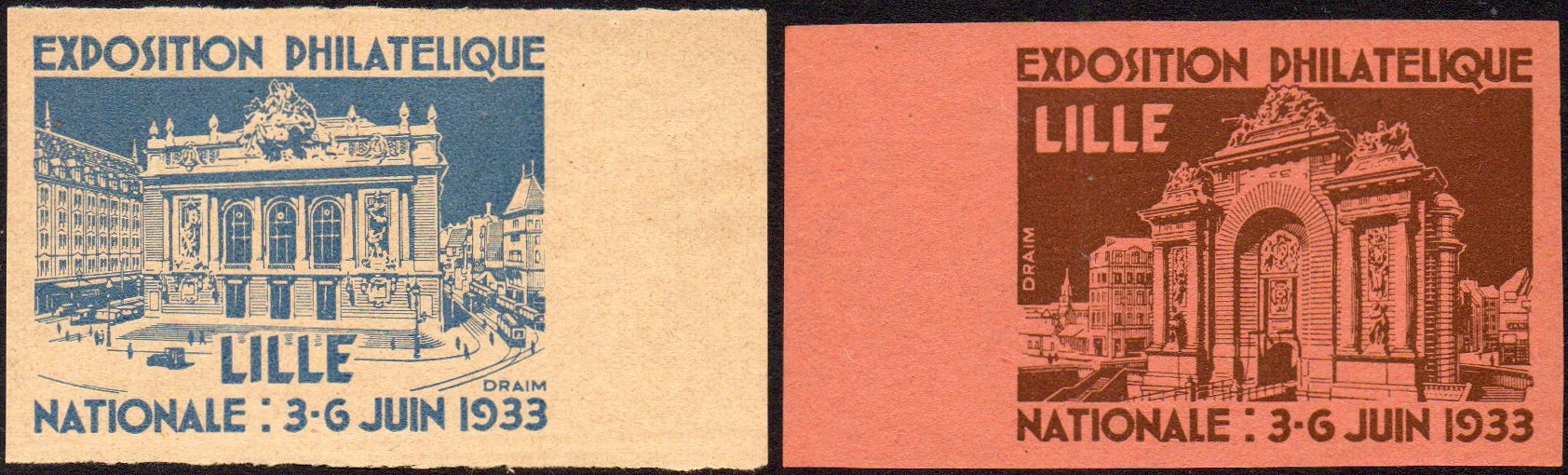 France : Vignette : Lille Exposition Philatélique 1933 Epreuves Proofs in Brown on Deep Rose-Red and Blue on Yellowish : Monument